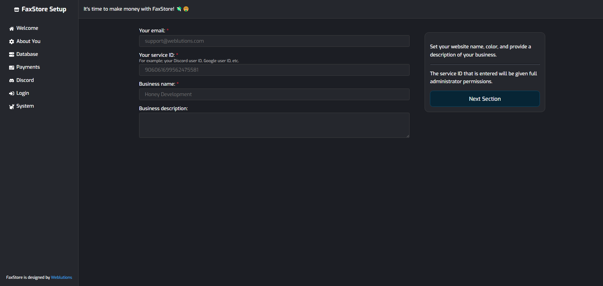 FaxStore setup page